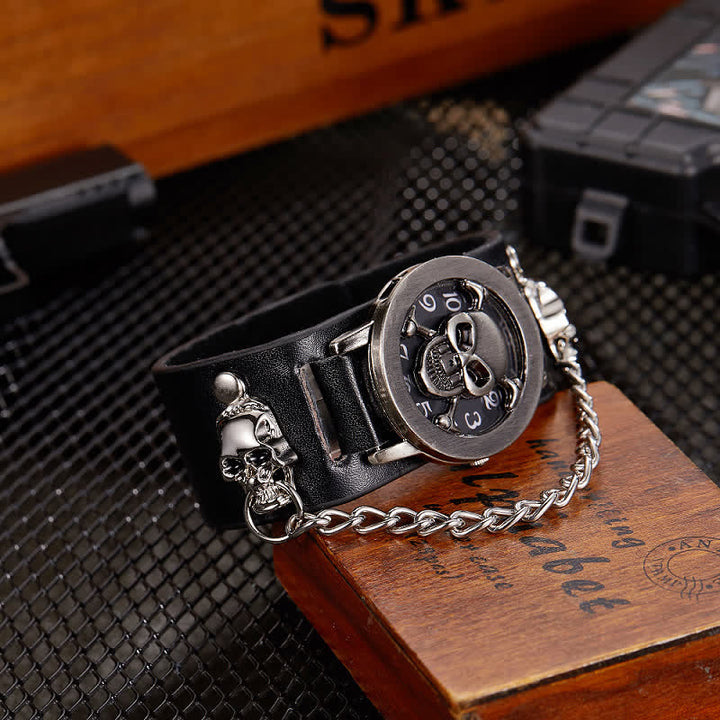 Men's Rock Silver River Chain Leather Watch With Skull Cover