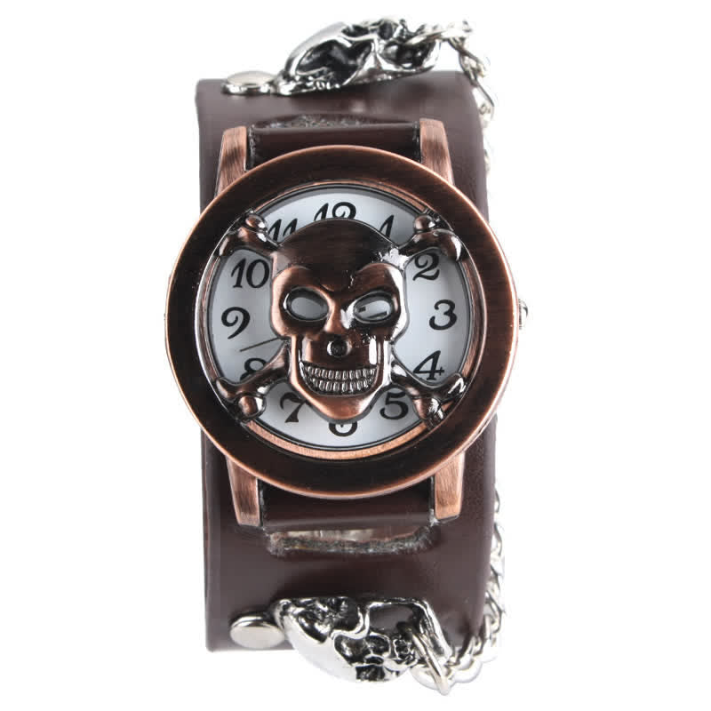 Men's Rock Silver River Chain Leather Watch With Skull Cover