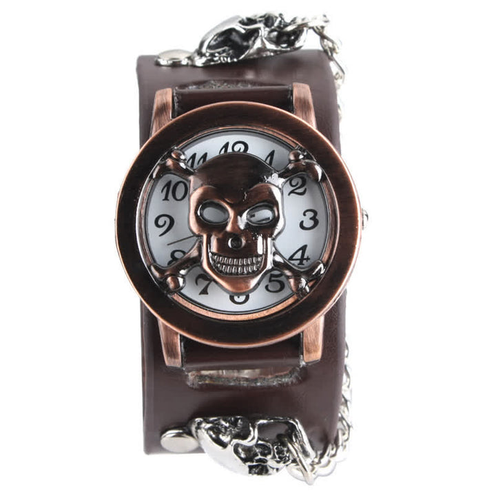 Men's Rock Silver River Chain Leather Watch With Skull Cover