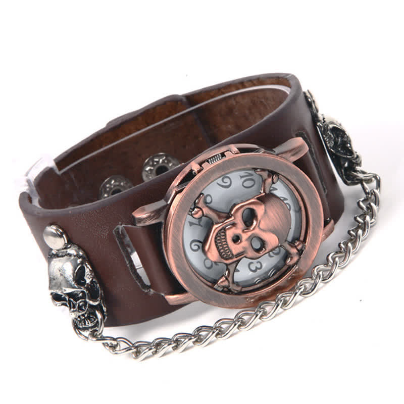 Men's Rock Silver River Chain Leather Watch With Skull Cover