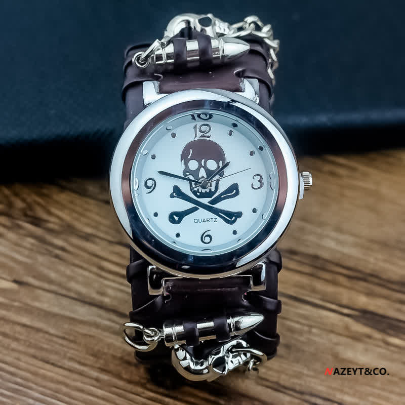 Men's Rock Skull Dial Silver River Chain Leather Watch