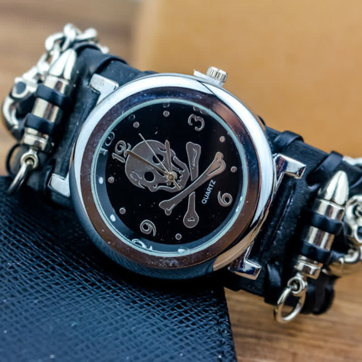 Men's Rock Skull Dial Silver River Chain Leather Watch
