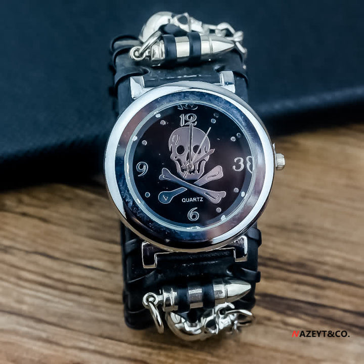 Men's Rock Skull Dial Silver River Chain Leather Watch