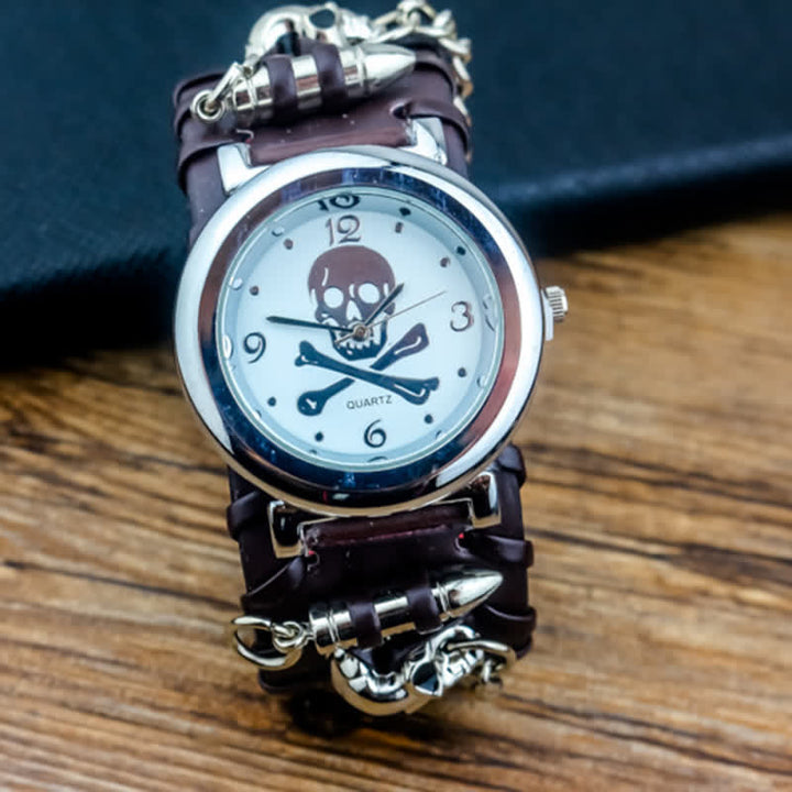 Men's Rock Skull Dial Silver River Chain Leather Watch