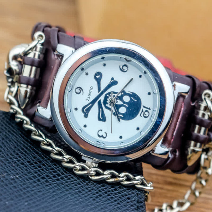 Men's Rock Skull Dial Silver River Chain Leather Watch
