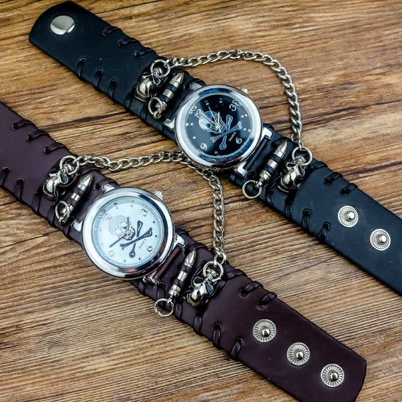 Men's Rock Skull Dial Silver River Chain Leather Watch