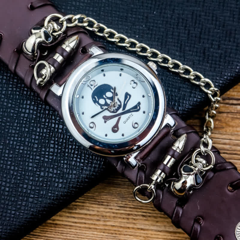 Men's Rock Skull Dial Silver River Chain Leather Watch