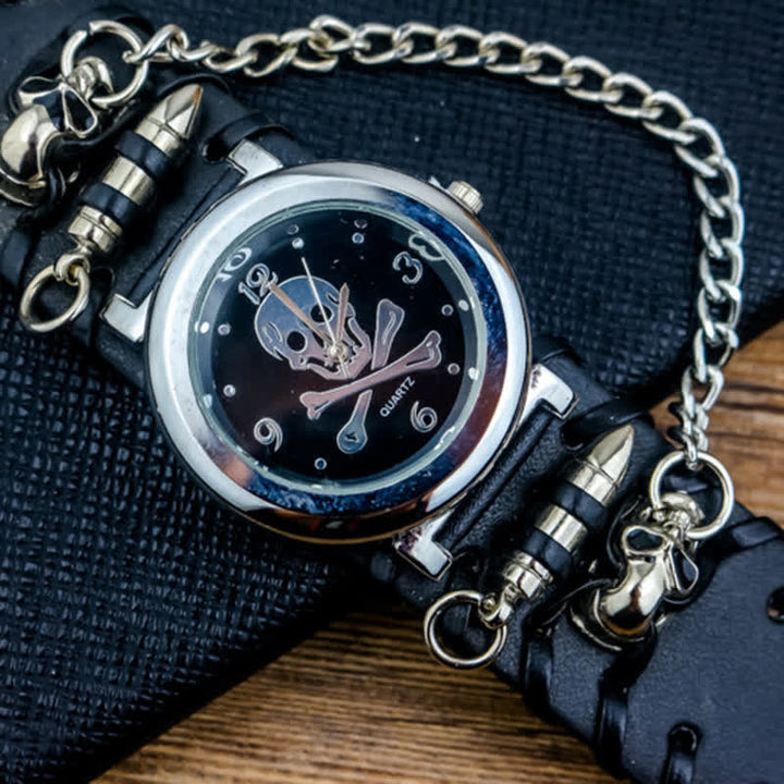 Men's Rock Skull Dial Silver River Chain Leather Watch
