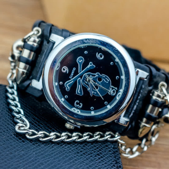Men's Rock Skull Dial Silver River Chain Leather Watch