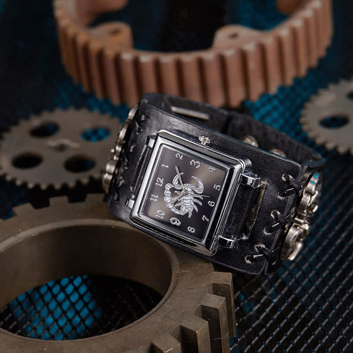 Men's Skull Rivet Black Leather Bracelet Watch
