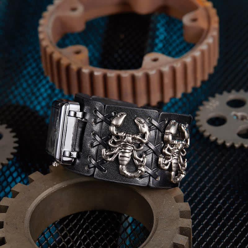 Men's Skull Rivet Black Leather Bracelet Watch
