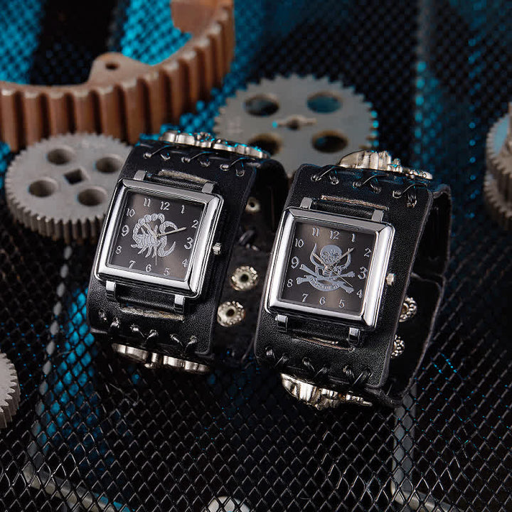 Men's Skull Rivet Black Leather Bracelet Watch