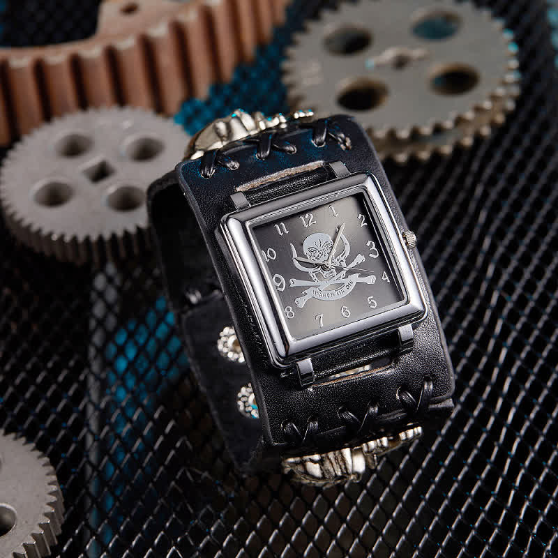 Men's Skull Rivet Black Leather Bracelet Watch