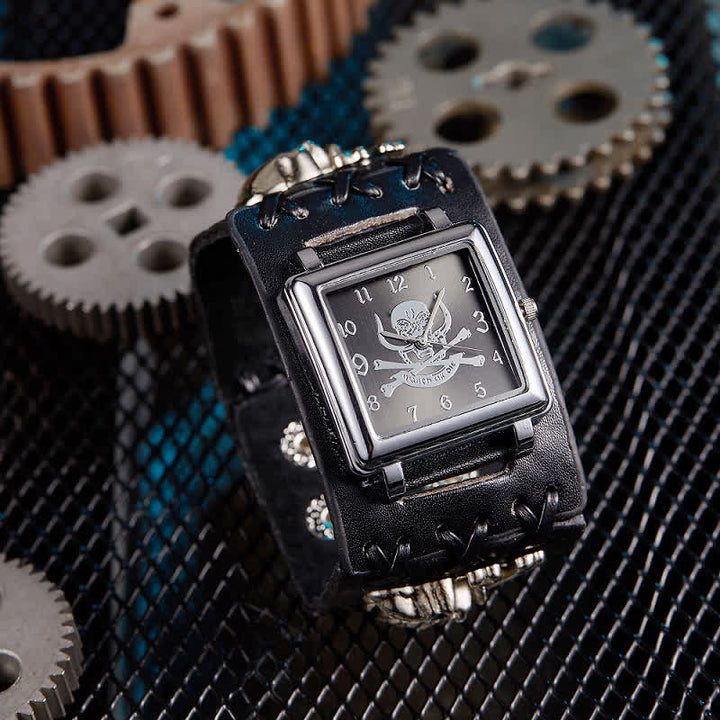 Men's Skull Rivet Black Leather Bracelet Watch