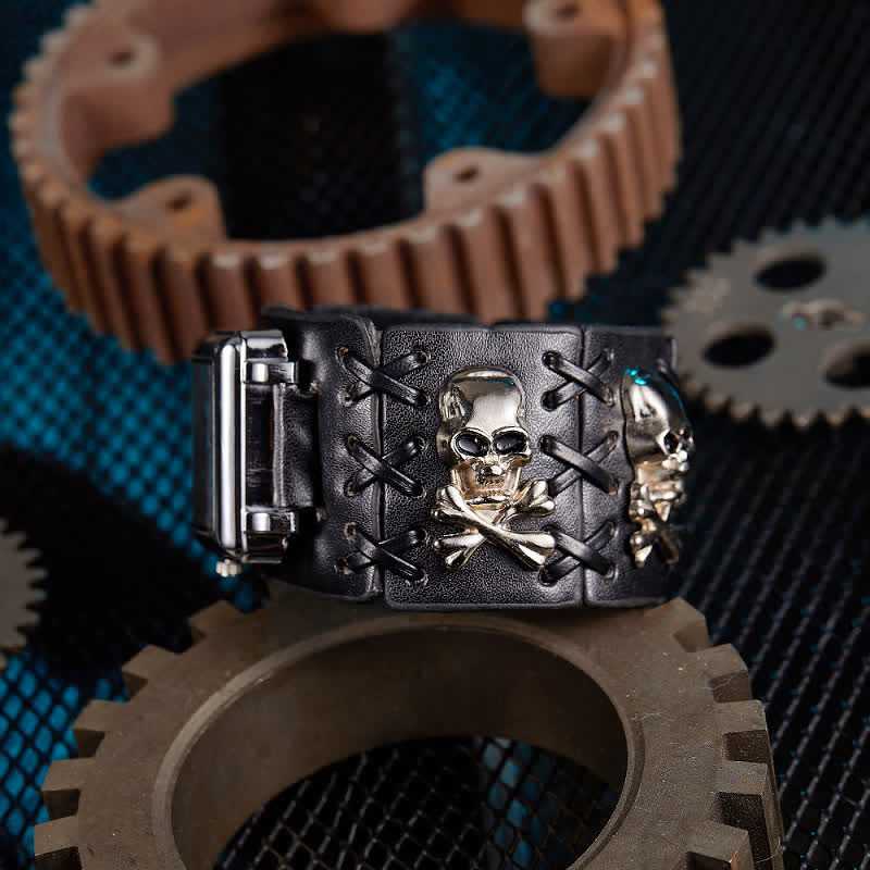 Men's Skull Rivet Black Leather Bracelet Watch