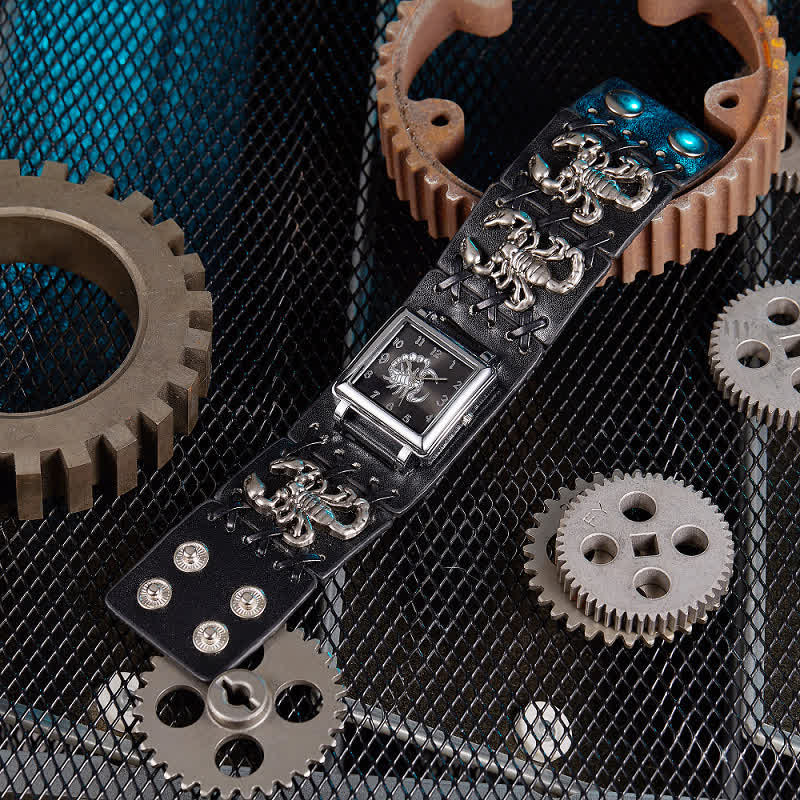 Men's Skull Rivet Black Leather Bracelet Watch
