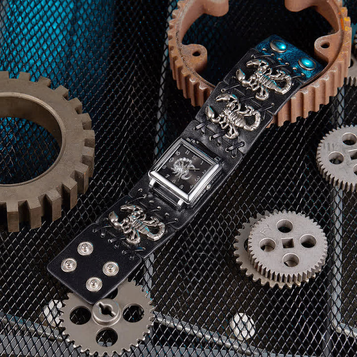 Men's Skull Rivet Black Leather Bracelet Watch