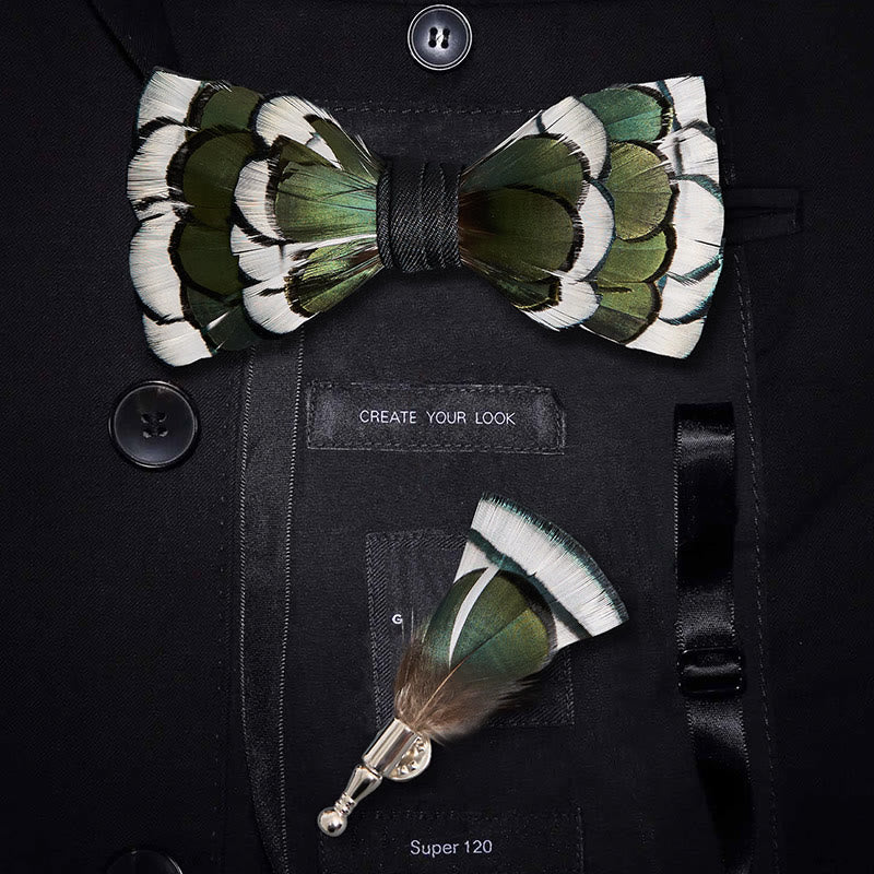 DarkGreen & White Layered Feather Bow Tie with Lapel Pin - DarkGreen & White - image 0