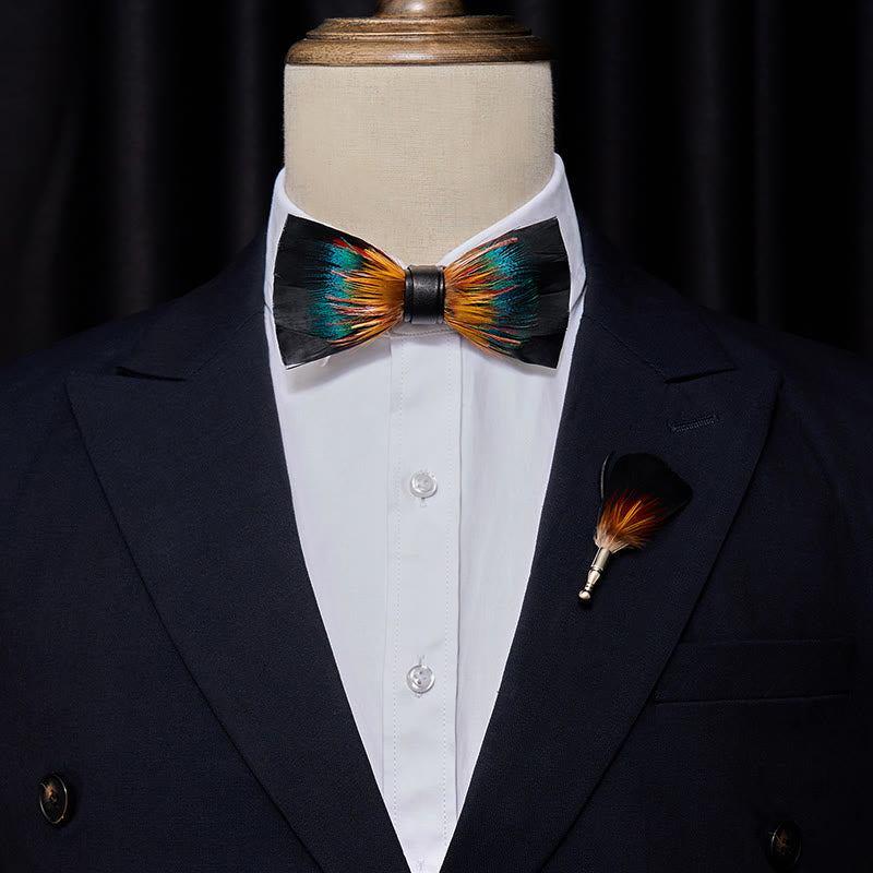 Kid's Black & Multicolored Blossom Feather Bow Tie with Lapel Pin - image 1