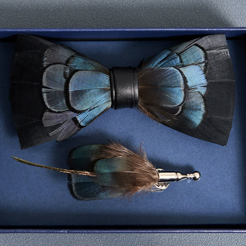MidnightBlue Mysterious Feather Bow Tie with Lapel Pin - image 5