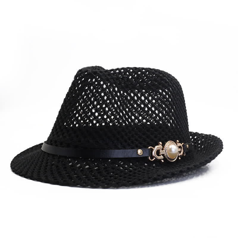 Men's Knitted Mesh Breathable Panama Fedora Hat - Black - Adjustable (21 5/8"-23 1/4") - image 1