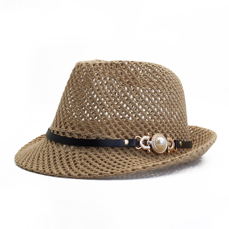Men's Knitted Mesh Breathable Panama Fedora Hat - Khaki - Adjustable (21 5/8"-23 1/4") - image 1