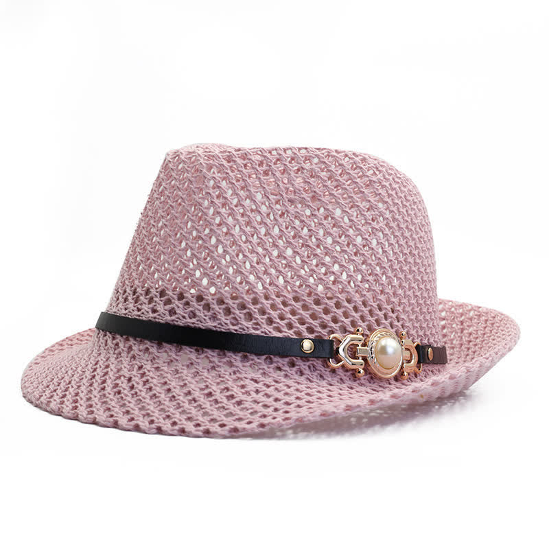 Men's Knitted Mesh Breathable Panama Fedora Hat - Pink - Adjustable (21 5/8"-23 1/4") - image 3