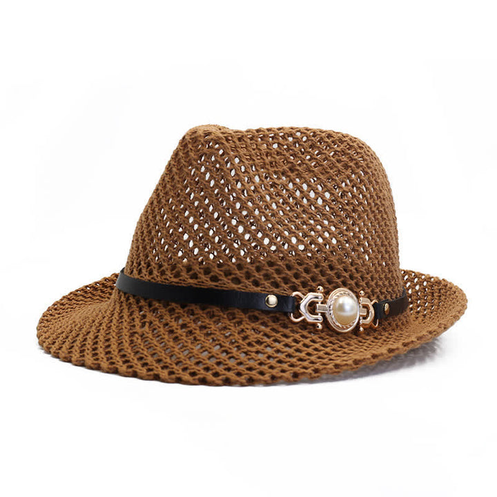 Men's Knitted Mesh Breathable Panama Fedora Hat - Coffee - Adjustable (21 5/8"-23 1/4") - image 0