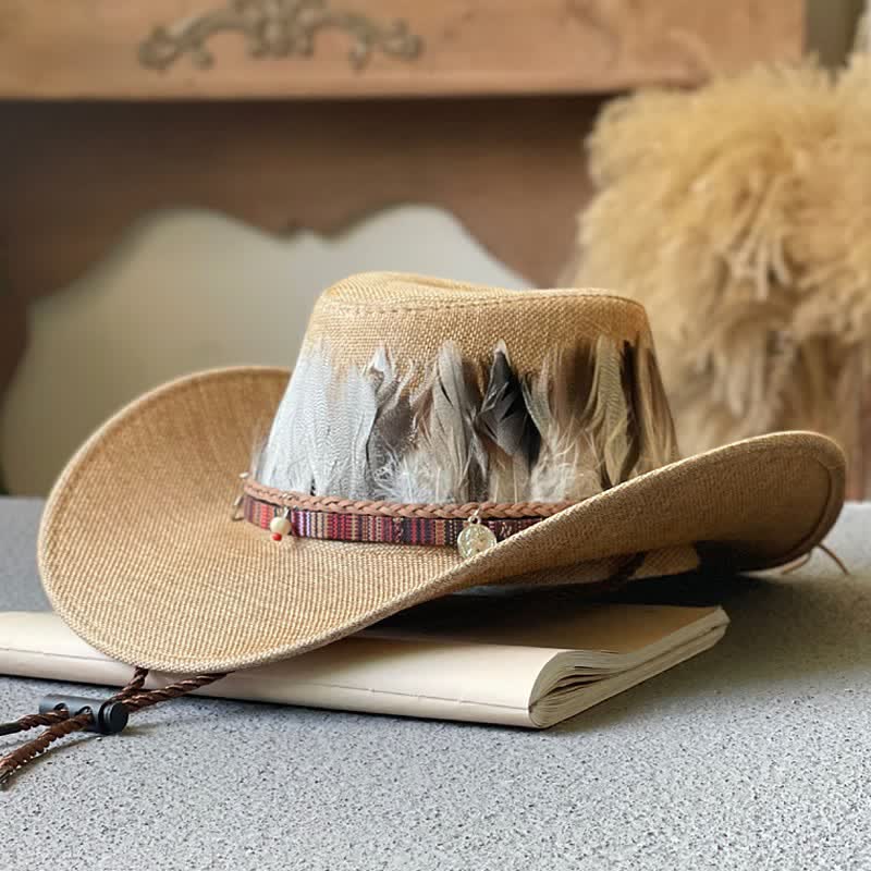 Large Brim Ethnic Style Feather Band Western Cowboy Hat - Camel - M (22"-22 7/8") - image 3