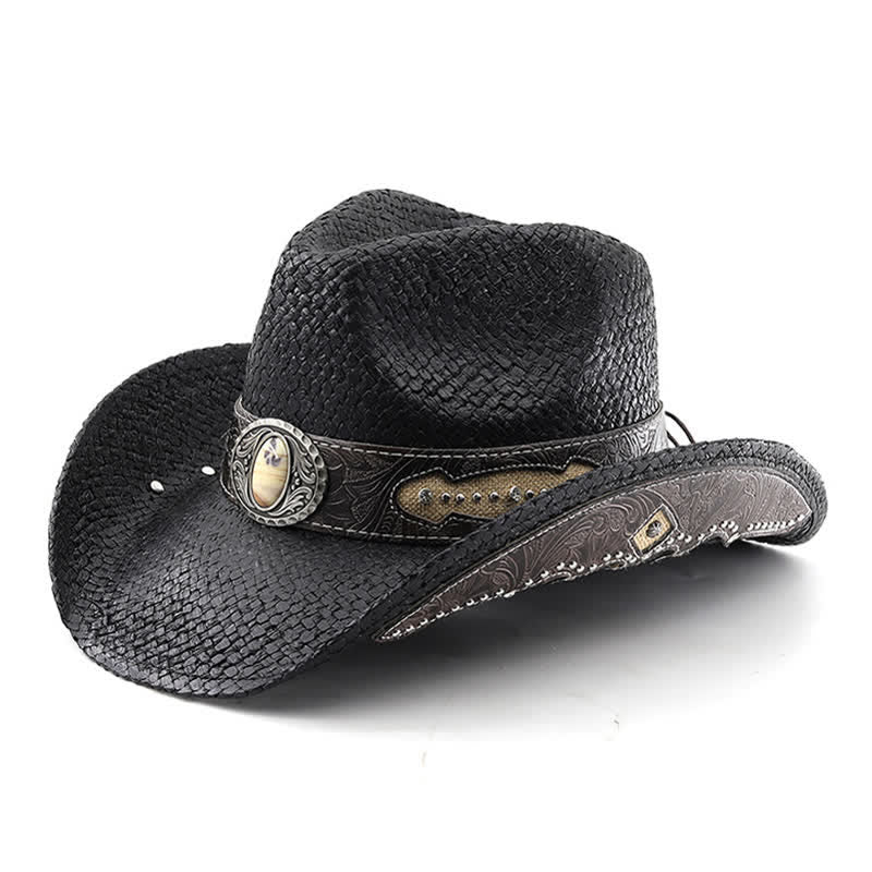 Vintage Flower Buckle Decor Spray Paint Straw Cowboy Hat - Black - M (22"-22 7/8") - image 0