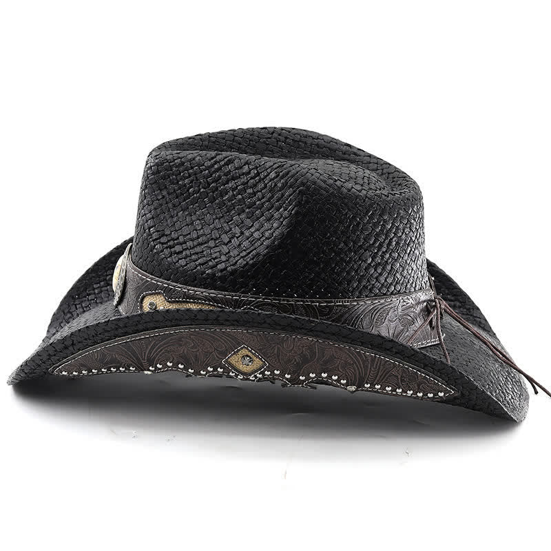 Vintage Flower Buckle Decor Spray Paint Straw Cowboy Hat - image 1