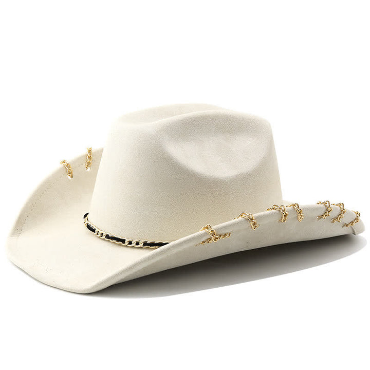 Punk Golden Metal Chain All-Season Suede Velvet Cowboy Hat - Ivory - M (22"-22 7/8") - image 10
