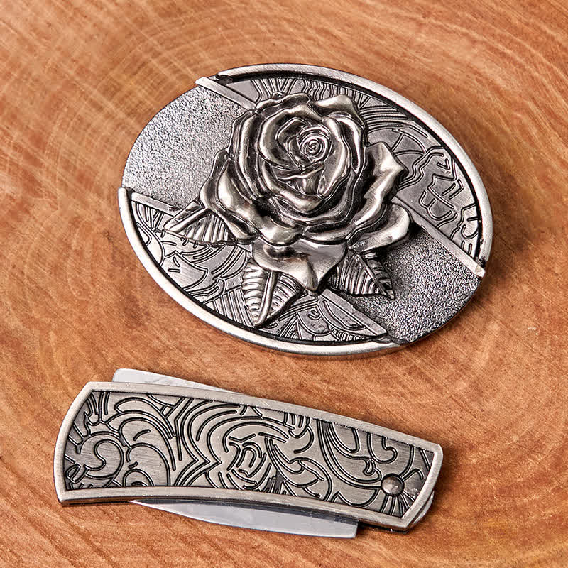 Men's DIY Western Rose Hidden Folding Knife Leather Belt