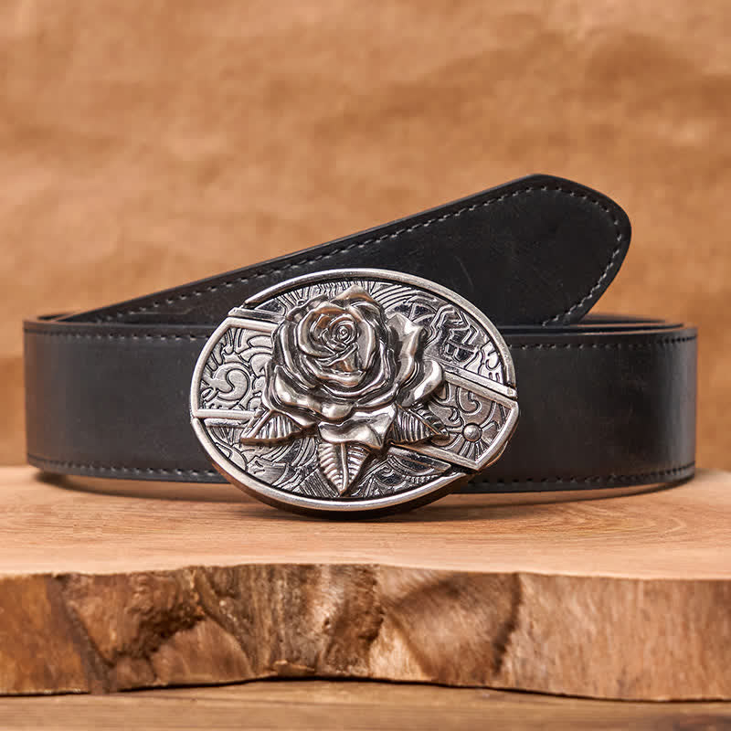 Men's DIY Western Rose Hidden Folding Knife Leather Belt - Western Rose - Black PU Belt - 42 - image 4