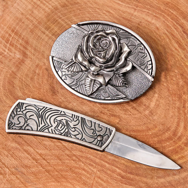 Men's DIY Western Rose Hidden Folding Knife Leather Belt