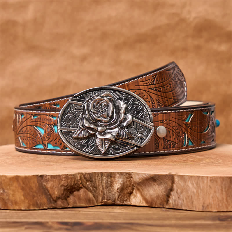Men's DIY Western Rose Hidden Folding Knife Leather Belt - Western Rose - Turquoise Carved Belt - 42 - image 5