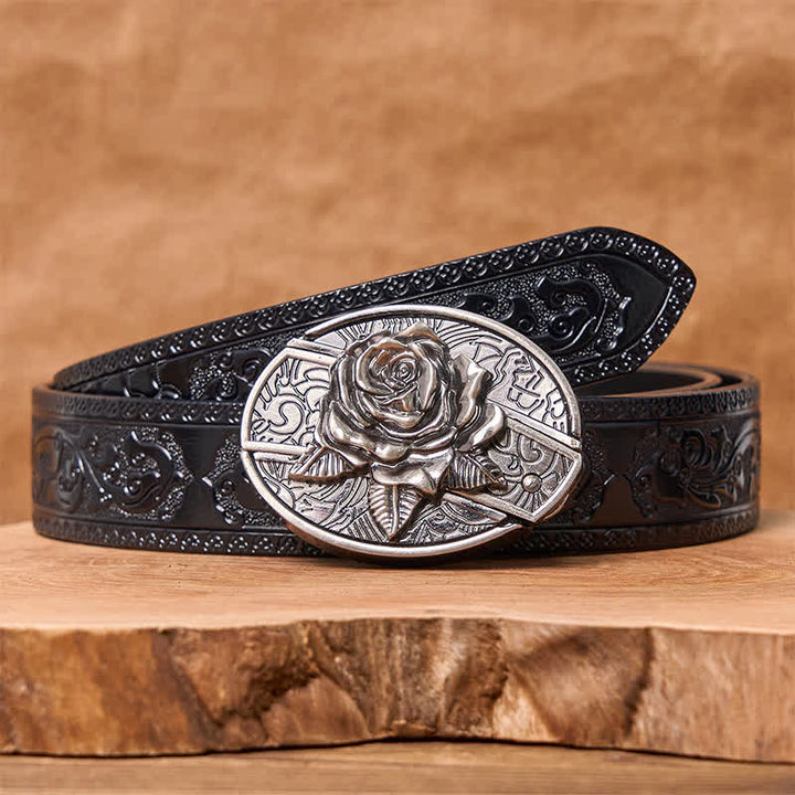 Men's DIY Western Rose Hidden Folding Knife Leather Belt