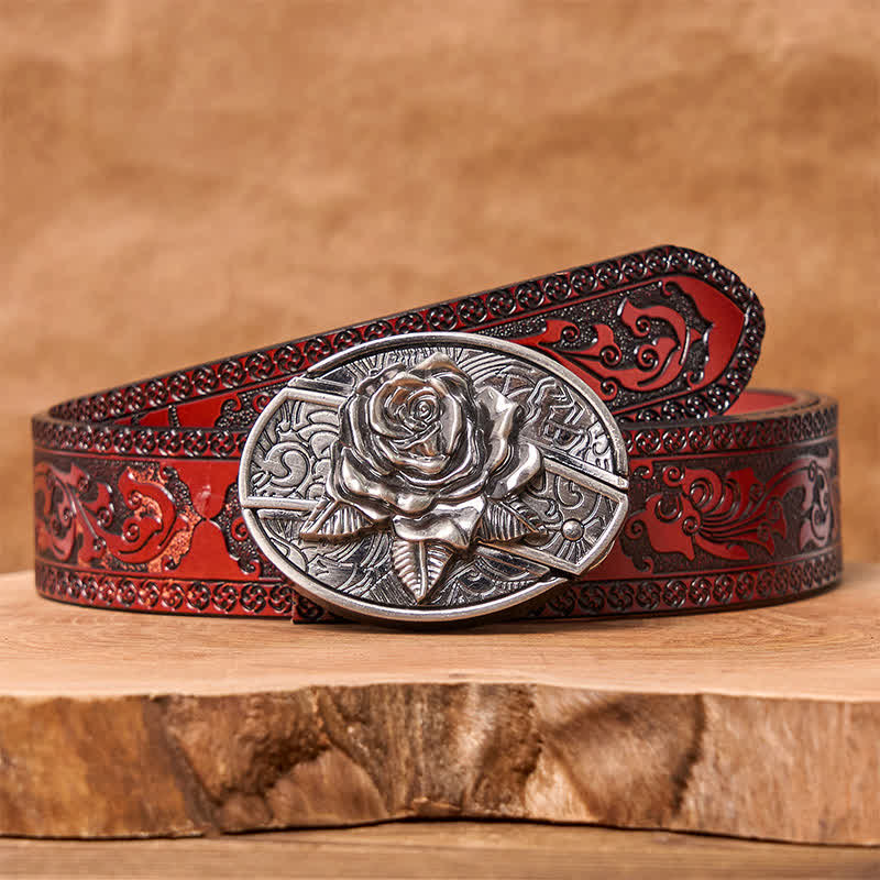Men's DIY Western Rose Hidden Folding Knife Leather Belt - Western Rose - Brown Carved Belt - 42 - image 9