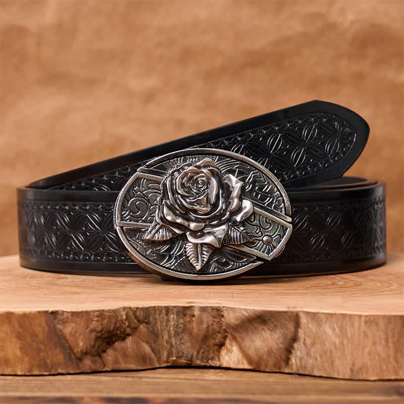 Men's DIY Western Rose Hidden Folding Knife Leather Belt