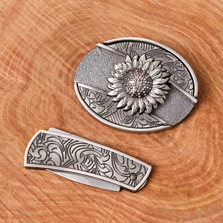 Men's DIY Sunflower Hidden Folding Knife Leather Belt - image 2