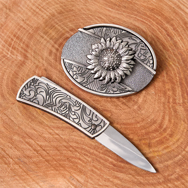 Men's DIY Sunflower Hidden Folding Knife Leather Belt - image 1