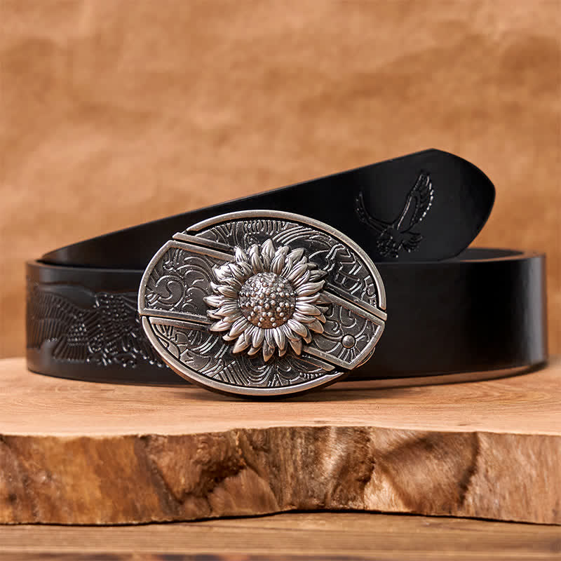 Men's DIY Sunflower Hidden Folding Knife Leather Belt - Sunflower - Black Embossed Eagle Belt - 42 - image 9