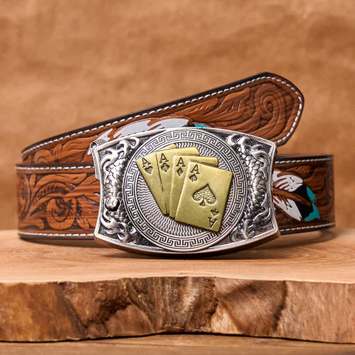 Men's DIY Gold Poker Hidden Folding Knife Leather Belt - Gold Poker - Brown Feather Belt - 40 - image 11