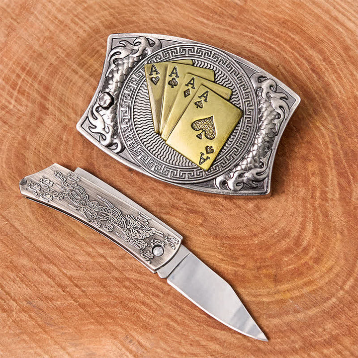 Men's DIY Gold Poker Hidden Folding Knife Leather Belt - image 1
