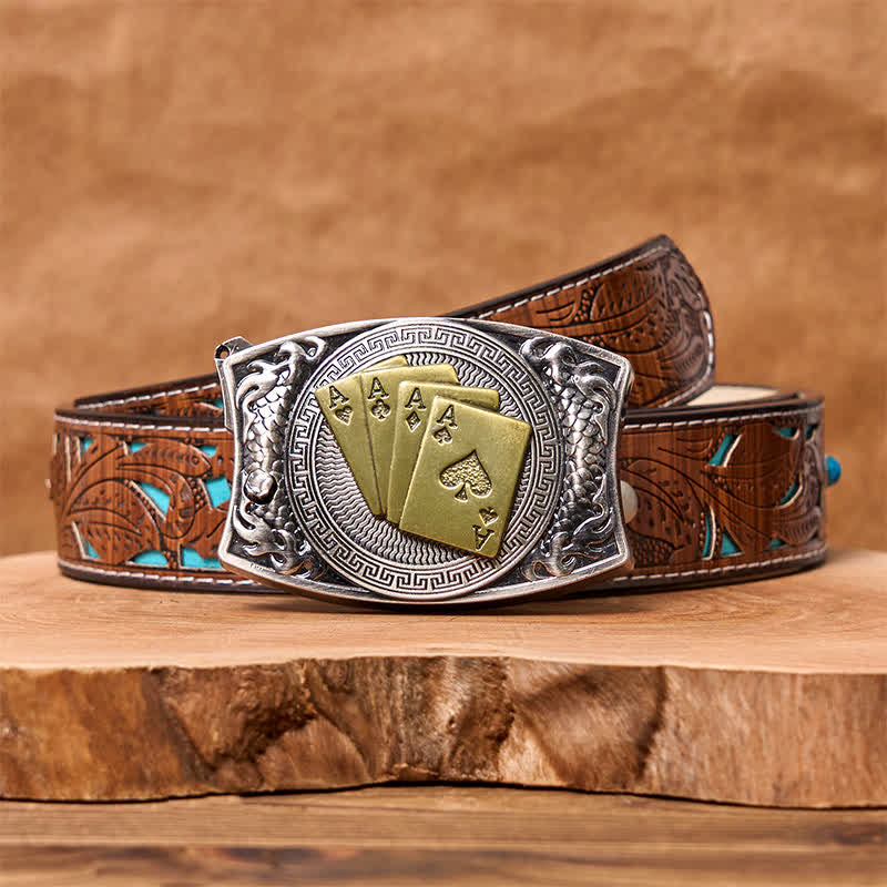 Men's DIY Gold Poker Hidden Folding Knife Leather Belt - Gold Poker - Turquoise Carved Belt - 42 - image 7