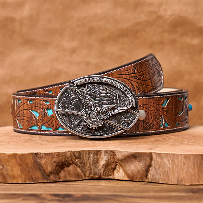 Men's DIY Eagle USA Flag Hidden Folding Knife Leather Belt - Eagle - Turquoise Carved Belt - 42 - image 8