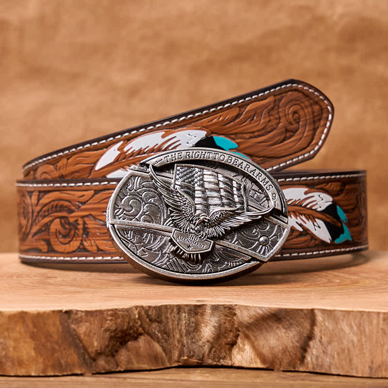 Men's DIY Eagle USA Flag Hidden Folding Knife Leather Belt - Eagle - Brown Feather Belt - 40 - image 12