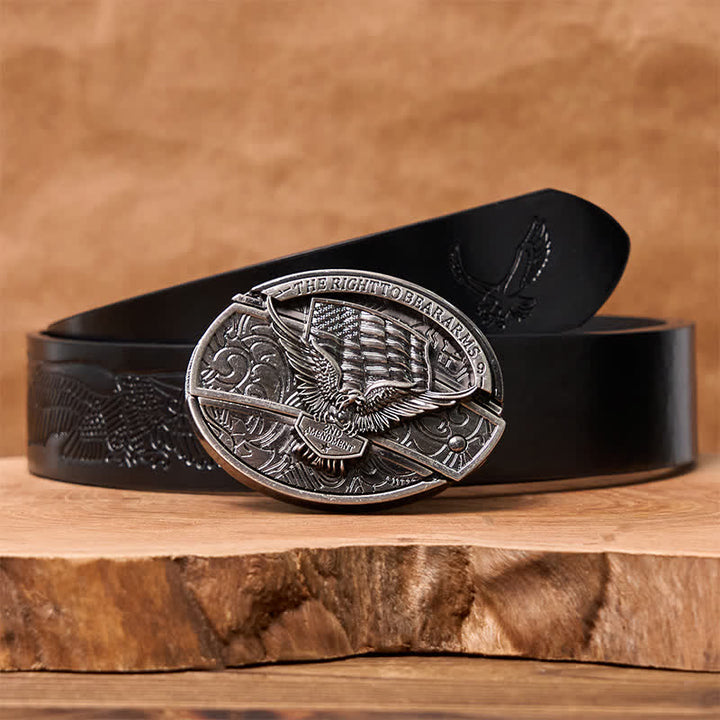 Men's DIY Eagle USA Flag Hidden Folding Knife Leather Belt - Eagle - Black Embossed Eagle Belt - 42 - image 9