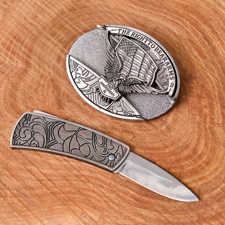 Men's DIY Eagle USA Flag Hidden Folding Knife Leather Belt - image 1