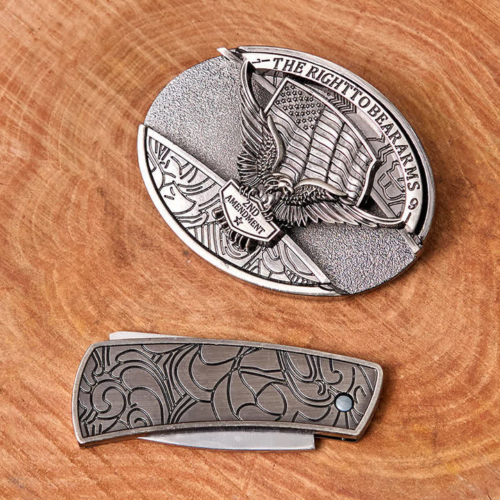 Men's DIY Eagle USA Flag Hidden Folding Knife Leather Belt - image 6